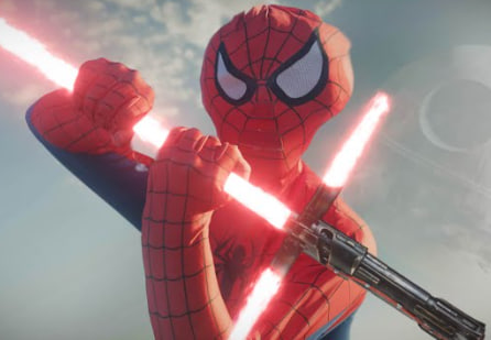 spiderman with lightsabers
